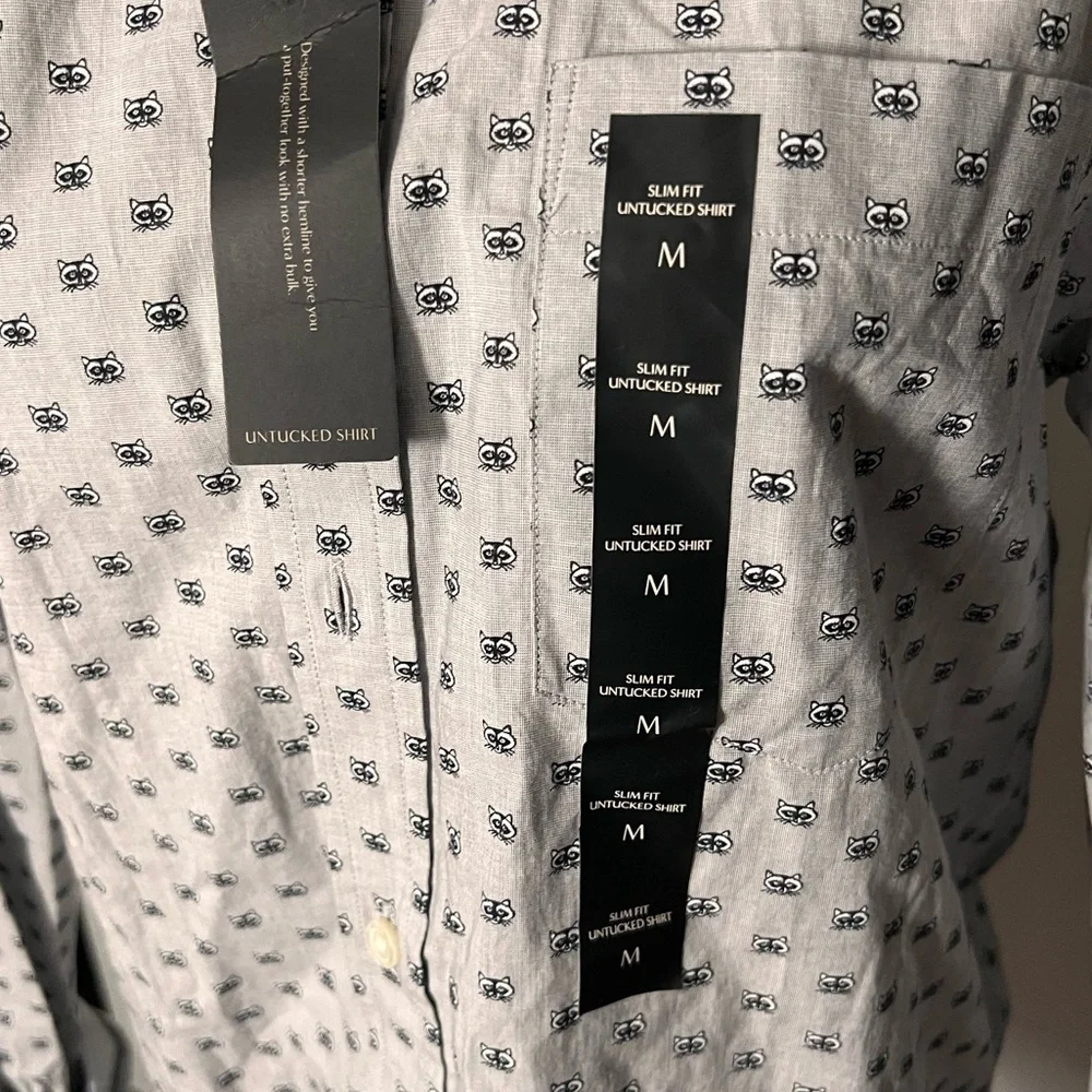 Banana Republic Men’s Med NWT gray button down cat print slim untucked fit 15x34